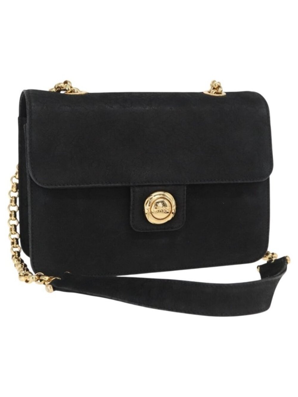 Authentic Chloe Chain Shoulder Bag Suede Black Gold